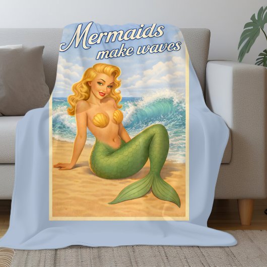 Mermaids Make Waves Retro PinUp Coastal Beach Blue Fleecedecke