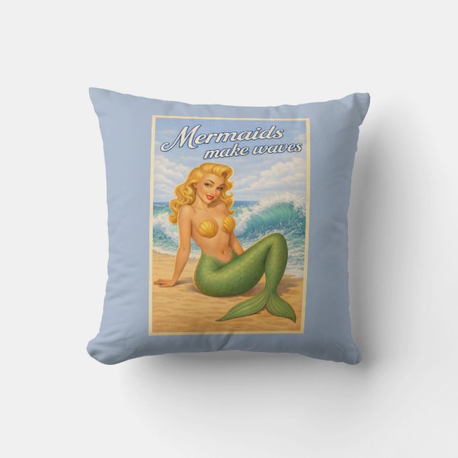 Mermaids Make Waves Retro PinUp Coastal Beach Blue Kissen (Vorderseite)
