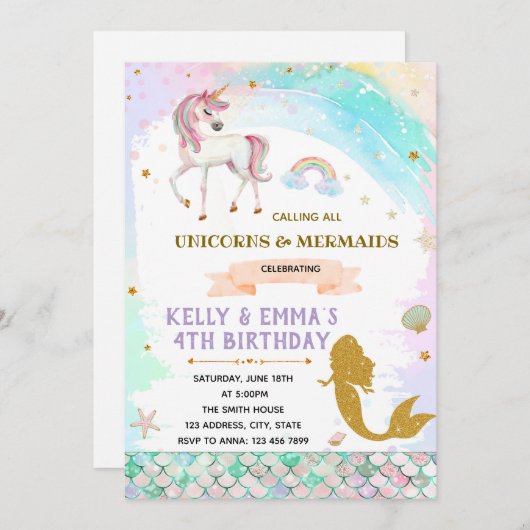 Mermaids und Einhorngeburtstag Einladung (Vorne/Hinten)