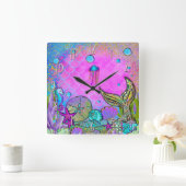 Mermaids und Muscheln Rosa Funkelnd Glitzern Quadratische Wanduhr (Zuhause)