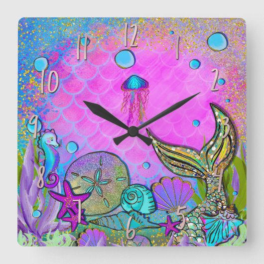 Mermaids und Muscheln Rosa Funkelnd Glitzern Quadratische Wanduhr (Vorderseite)