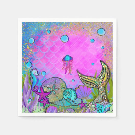 Mermaids und Muscheln Rosa Funkelnd Party Serviette (Vorderseite)
