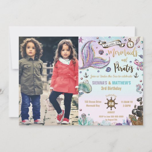 Mermaids und Piraten Twins Birthday Ocean Foto Einladung (Vorderseite)
