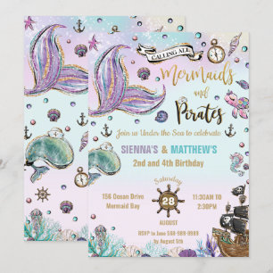Mermaids und Piraten Twins Geburtstag unter dem Me Einladung