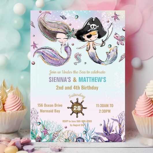 Mermaids und Pirates Twins Siblings Gemeinsamer Ge Einladung