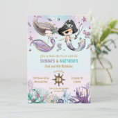 Mermaids und Pirates Twins Siblings Gemeinsamer Ge Einladung (Stehend Vorderseite)