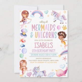 Mermaids und Unicorns zum Geburtstag Einladung