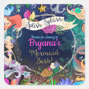 Mermaids Under Sea Mermaid Bash Birthday Party Quadratischer Aufkleber