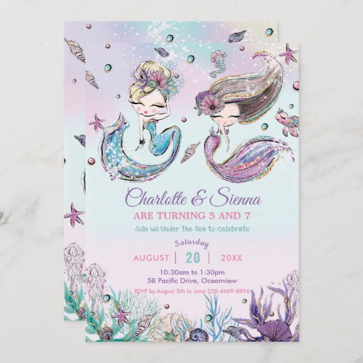 Mermaids Under the Sea Twins Schwestern Birthday I Einladung (Vorne/Hinten)