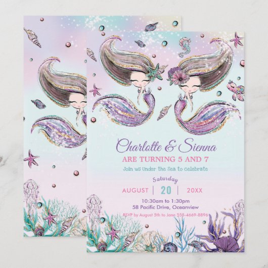 Mermaids Under the Sea Twins Schwestern Geburtstag Einladung (Vorne/Hinten)