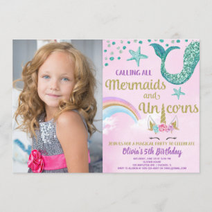 Mermaids & Unicorns Rosa Gold aquamarines Geburtst Einladung