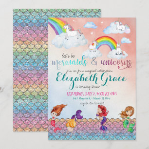 Mermaids, Unicorns und Rainbows-Party Einladungen
