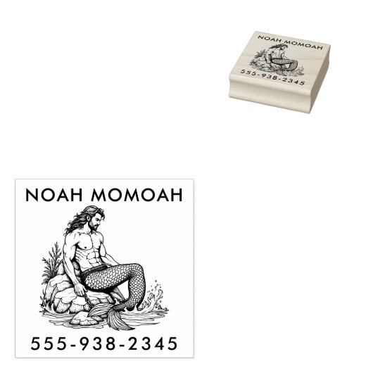 Merman Hunk auf felsigem Schwanz im Meer Wellen Gummistempel (Stempel)