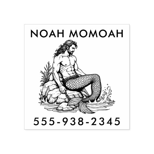 Merman Hunk auf felsigem Schwanz im Meer Wellen Gummistempel (Prägung)