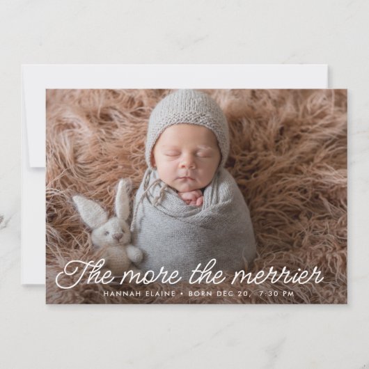 Merrier Script Holiday Birth Announcement Card Ankündigung (Vorderseite)