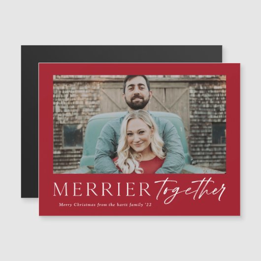 Merrier Together Script Foto Frohe Weihnachtskarte Magnetkarte (Vorne/Hinten)