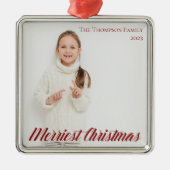 Merriest Christmas Chic Red Script Overlay Foto Ornament Aus Metall (Vorne)