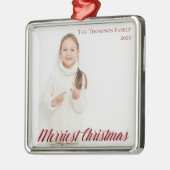 Merriest Christmas Chic Red Script Overlay Foto Ornament Aus Metall (Links)
