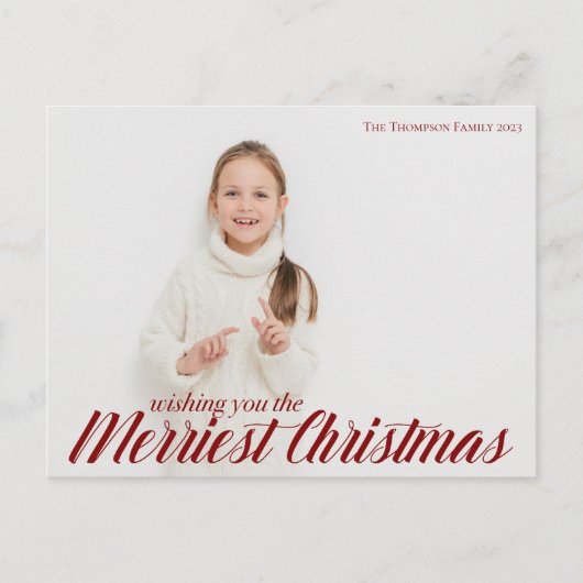 Merriest Christmas Chic Red Script Overlay Foto Postkarte (Vorderseite)