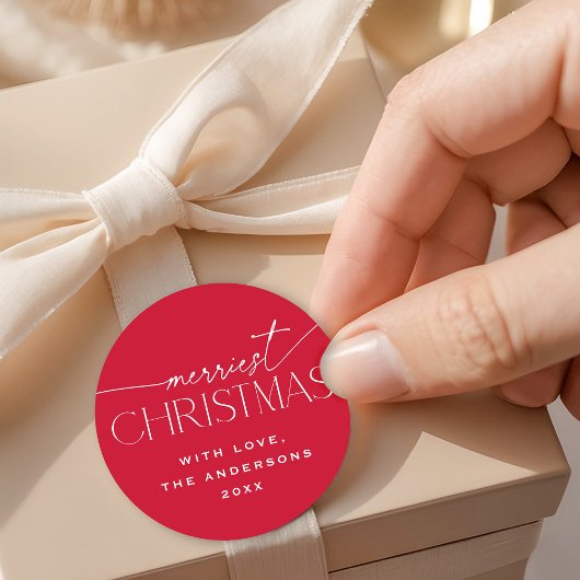 Merriest Christmas Elegant Typography Red Holiday Runder Aufkleber