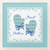 Merriest Christmas Mittens Blue Bow Holiday Glasuntersetzer (Vorderseite)