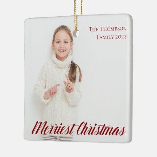 Merriest Christmas Red Script 2 Foto doppelseitig Keramikornament (Links)