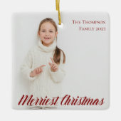 Merriest Christmas Red Script 2 Foto doppelseitig Keramikornament (Vorderseite)
