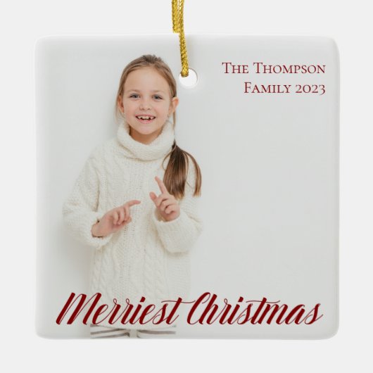 Merriest Christmas Red Script 2 Foto doppelseitig Keramikornament (Vorderseite)