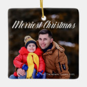 Merriest Christmas White Script Foto doppelseitig Keramikornament (Vorderseite)