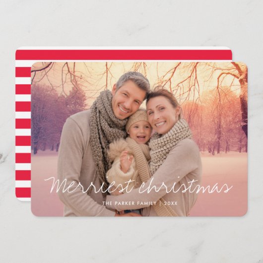 Merriest Script Christmas Foto Card Ankündigung (Vorne/Hinten)