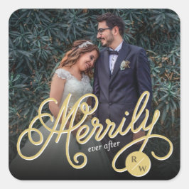 Merrily After Gold Curly Script Foto Wedding Quadratischer Aufkleber