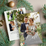 Merrily immer nach der Hochzeit danke Ihnen Multi- Feiertagskarte<br><div class="desc">Moderne schicke Kalligraphie Drehbuch Merrily immer nach Mr. und Mrs. Newlyweds Urlaubskarte mit Textüberlagerung,  6 Fotos,  Sondertext und einem kleinen Botanischen Blumenstrauß in der Weihnachtszeit.</div>