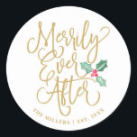 Merrily immer nach Hochzeit | Gold Runder Aufkleber<br><div class="desc">Feierliche Schrift Typografie,  die "Merrily Ever After" und unsere handgemalte Aquarellkirche sagt. Ideal für das frisch verheiratete Paar,  um die Umschläge für seine Urlaubskarten,  nur verheiratete Ankündigungen,  Gefälligkeitstaschen,  etc. zu Siegel. Besuchen Sie den Shop,  um die Erholung der Sammlung zu sehen.</div>