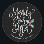 Merrily immer nach Hochzeit | Schwarz Runder Aufkleber<br><div class="desc">Feierliche,  weiße Schrift Typografie,  die "Merrily Ever After" und unsere handgemalte Aquarellkirche sagt. Ideal für das frisch verheiratete Paar,  um die Umschläge für seine Urlaubskarten,  nur verheiratete Ankündigungen,  Gefälligkeitstaschen,  etc. zu Siegel. Besuchen Sie den Shop,  um die Erholung der Sammlung zu sehen.</div>