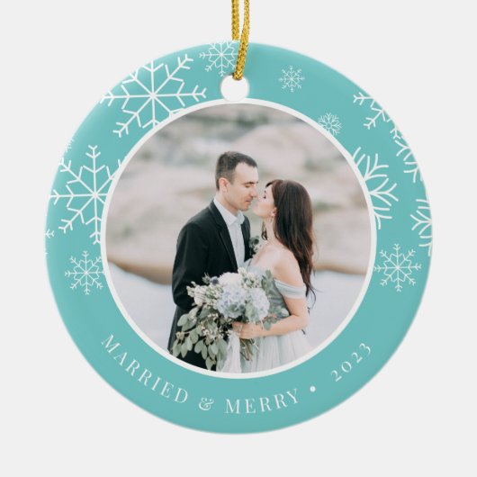 Merrily immer nach | Hochzeitsstift Foto Keramik Ornament (Vorne)