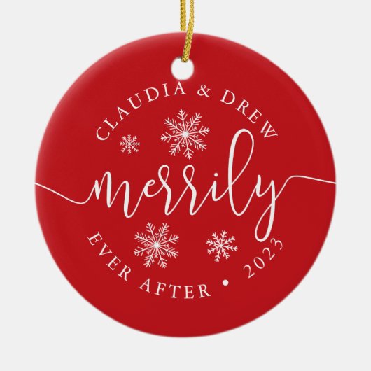 Merrily immer nach | Zweiseitig neu verheiratet Keramikornament (Vorne)