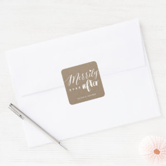 Merrily je nach Brown Kraft Hochzeit Quadratischer Aufkleber