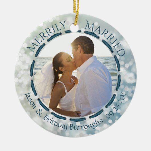 Merrily Verheiratet 2 Foto Blue Aquamarin Bokeh Ch Keramikornament (Vorne)