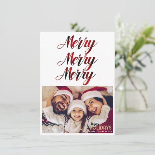 MERRY 3 Red Buffalo Kariert Holiday Foto Card Einladung (Stehend Vorderseite)