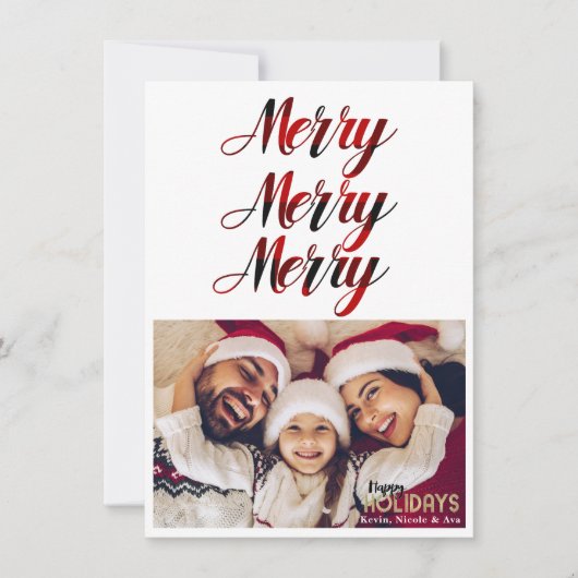 MERRY 3 Red Buffalo Kariert Holiday Foto Card Einladung (Vorderseite)