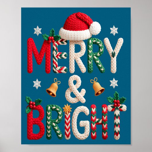 Merry &amp; Bright Christmas Santa Hat Crochet Kni Poster (Vorne)