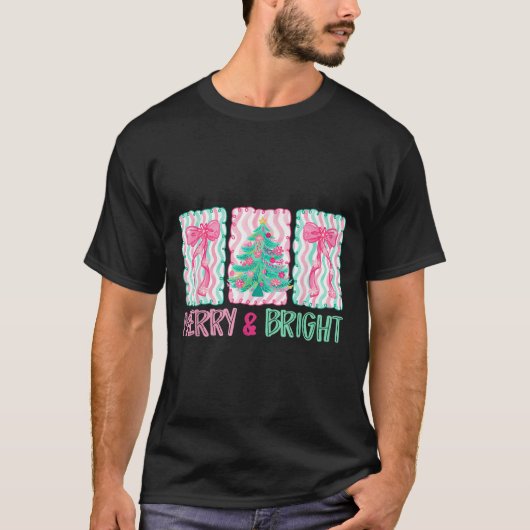 Merry & Bright Coquette Preppy Bow Xmas Tree W T-Shirt (Vorderseite)