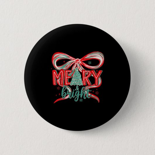 Merry & Bright Tree Coquette Bow Retro Holiday Button (Vorderseite)