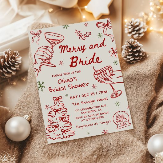 Merry and Bride Hand Drawn Christmas Bridal Shower Einladung