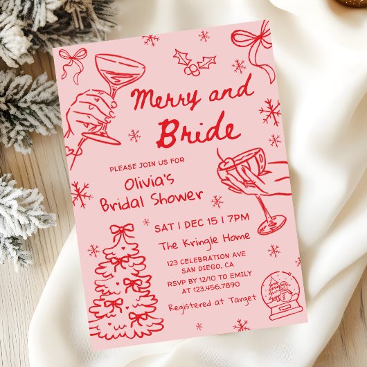 Merry and Bride Hand Drawn Christmas Bridal Shower Einladung
