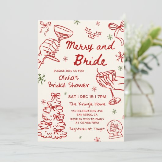 Merry and Bride Hand Drawn Christmas Bridal Shower Einladung (Stehend Vorderseite)