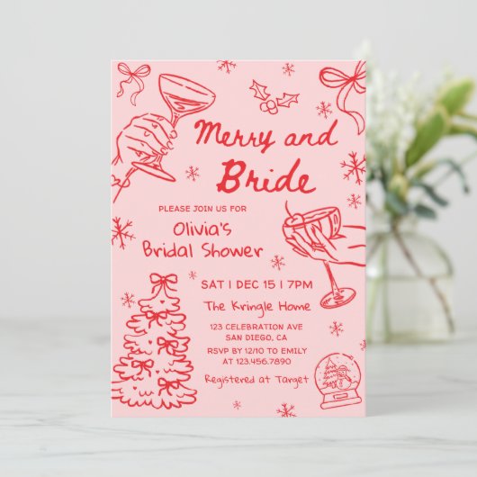 Merry and Bride Hand Drawn Christmas Bridal Shower Einladung (Stehend Vorderseite)
