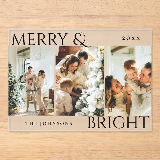 Merry and Bright 3 Photo Collage Holiday Card Acryleinladungen (Vorderseite)