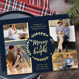 Merry and Bright 4 Foto Collage Blau und Gold Folien Feiertagskarte