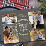 Merry and Bright 4 Foto Collage Grau und Gold Folien Feiertagskarte<br><div class="desc">Personalisieren Sie diese vergoldete Weihnachtskarte mit vier Ihrer Lieblings-Fotos. Die Vorlage ist Set für Sie bereit, um Ihre vier Fotos und, es hat auch zwei Abschnitte für Ihre Grüße und Ihre Namen. Die Mitte der Karte hat einen rustikalen Winterkranz mit der Formulierung "Merry and Bright" in einer modernen und schicken...</div>